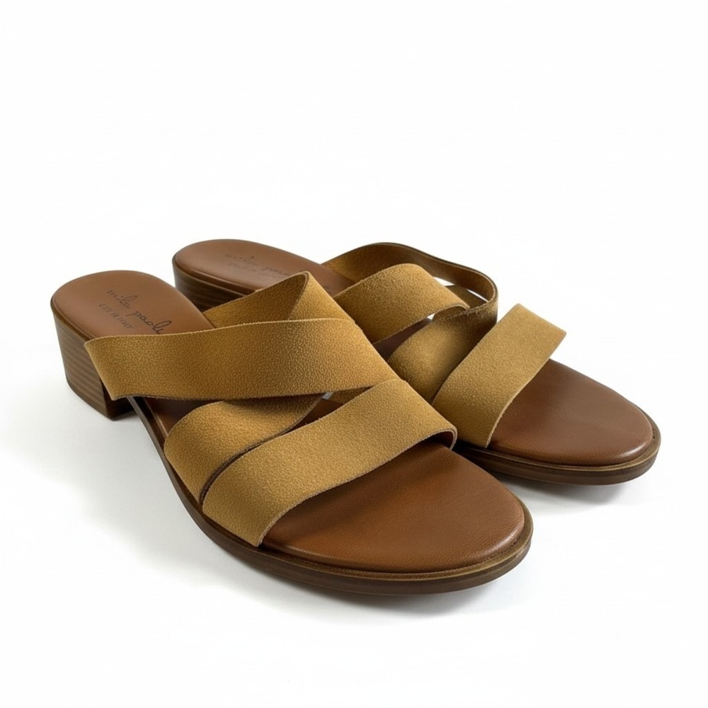 Mila Paoli Tan Suede Criss Cross Block Heel Slide Sandals Made in Italy Size 38